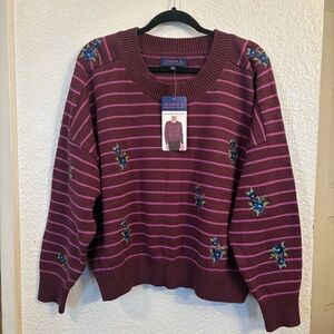 Joseph A. Striped Embroidered Crewneck Sweater Women XXL Burgundy, Pink Floral